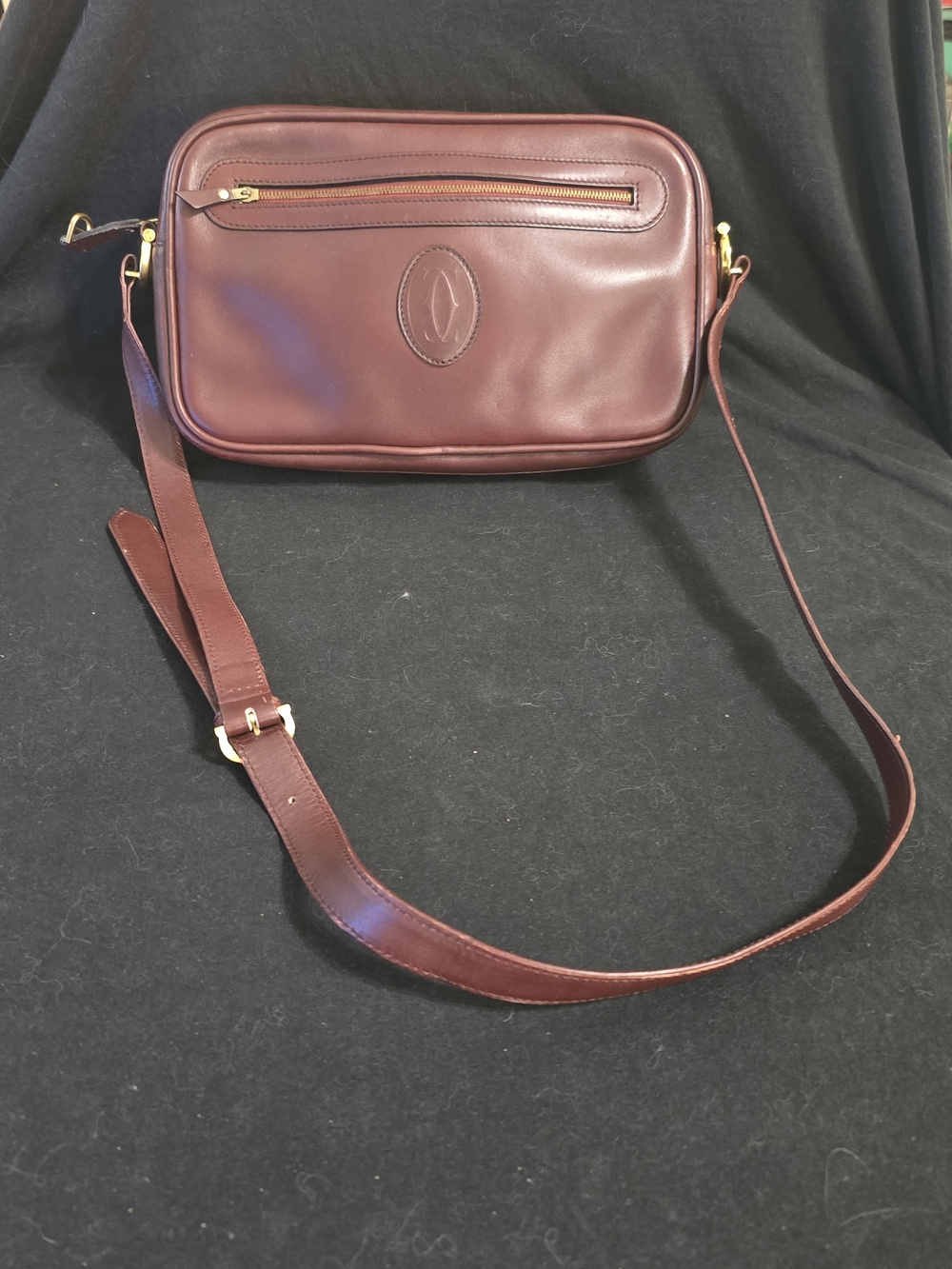 Cartier Bordeaux Leather Camera Shoulder Bag with Gold Hardware